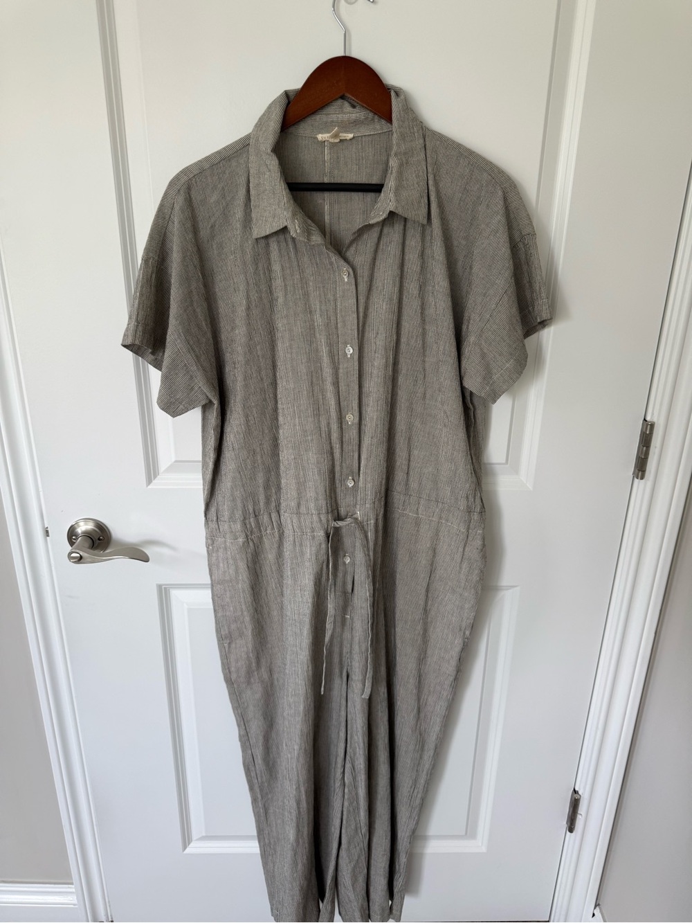Eileen Fisher Organic Cotton Linen Blend Pinstripe Cinched Waist Jumpsuit